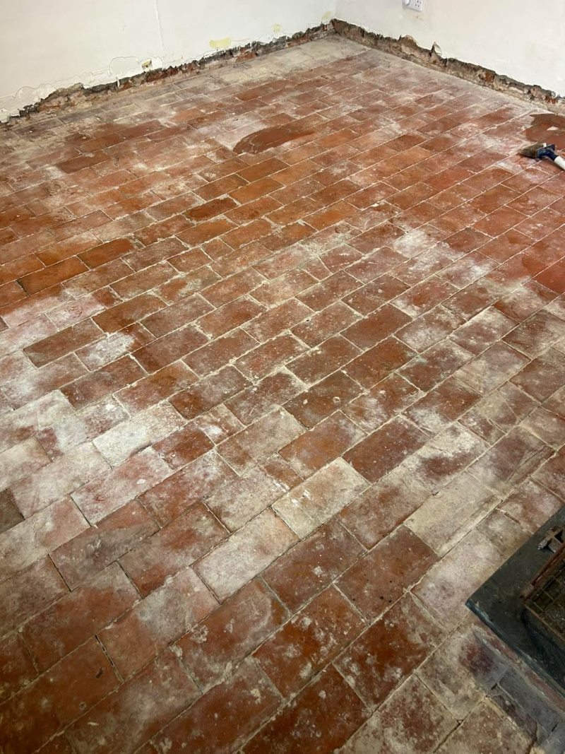 Effloresence-Stained Brick Floor before cleaning Dovedale Droitwich Effloresence-Stained Brick Floor before cleaning Dovedale Droitwich