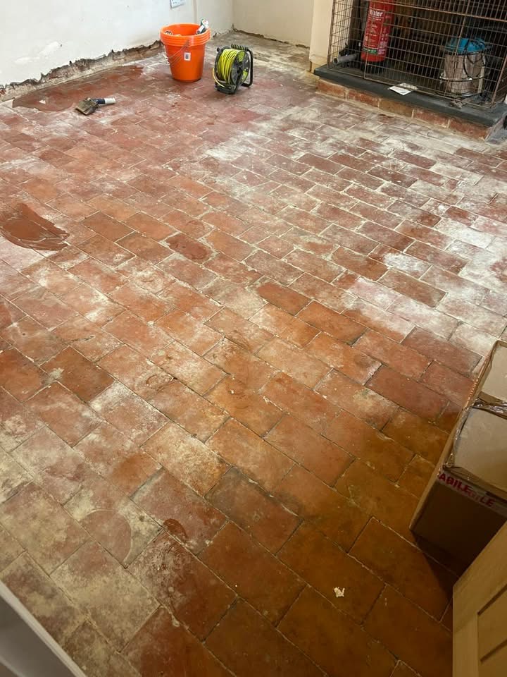 Effloresence-Stained Brick Floor before cleaning Dovedale Droitwich Effloresence-Stained Brick Floor before cleaning Dovedale Droitwich